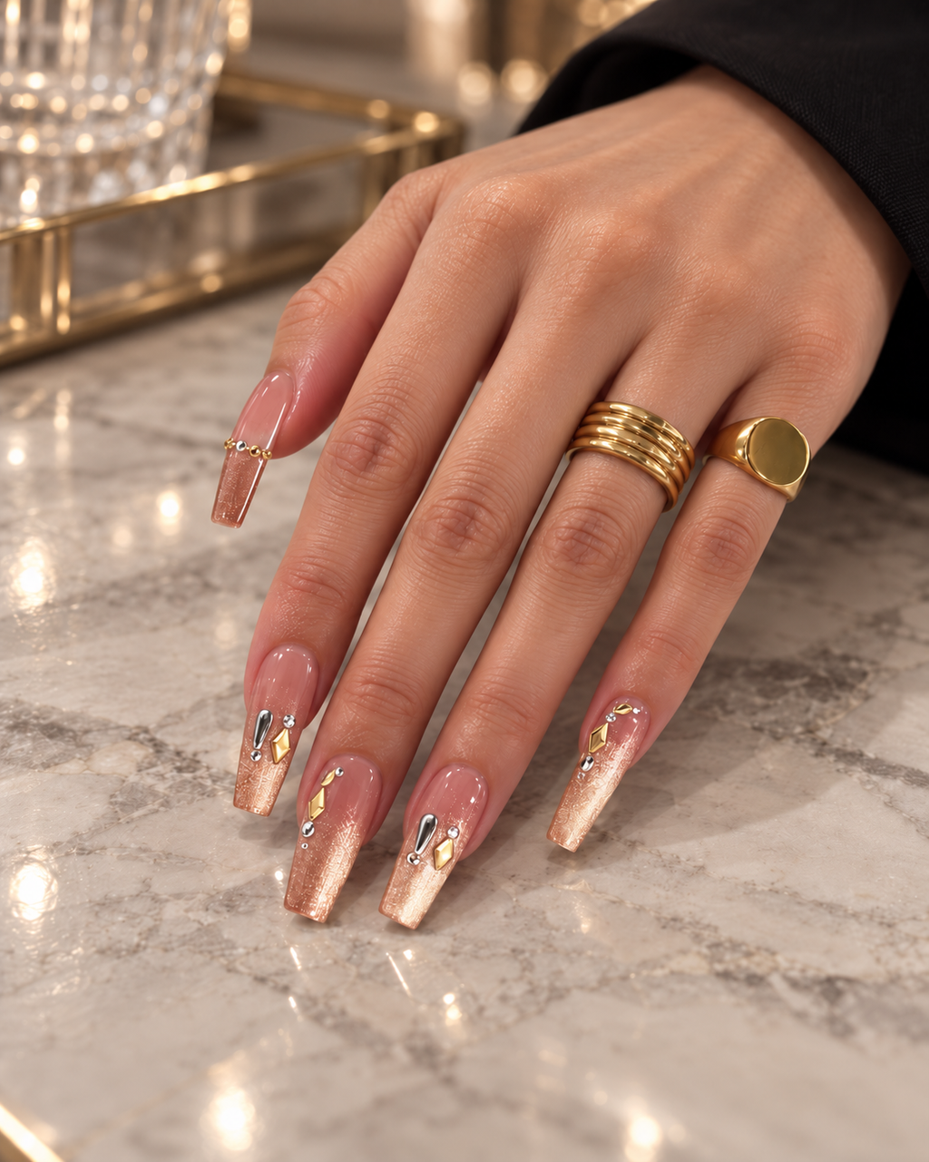 Champagne Muse | Golden Shimmer | Long Coffin - Press-On Nails