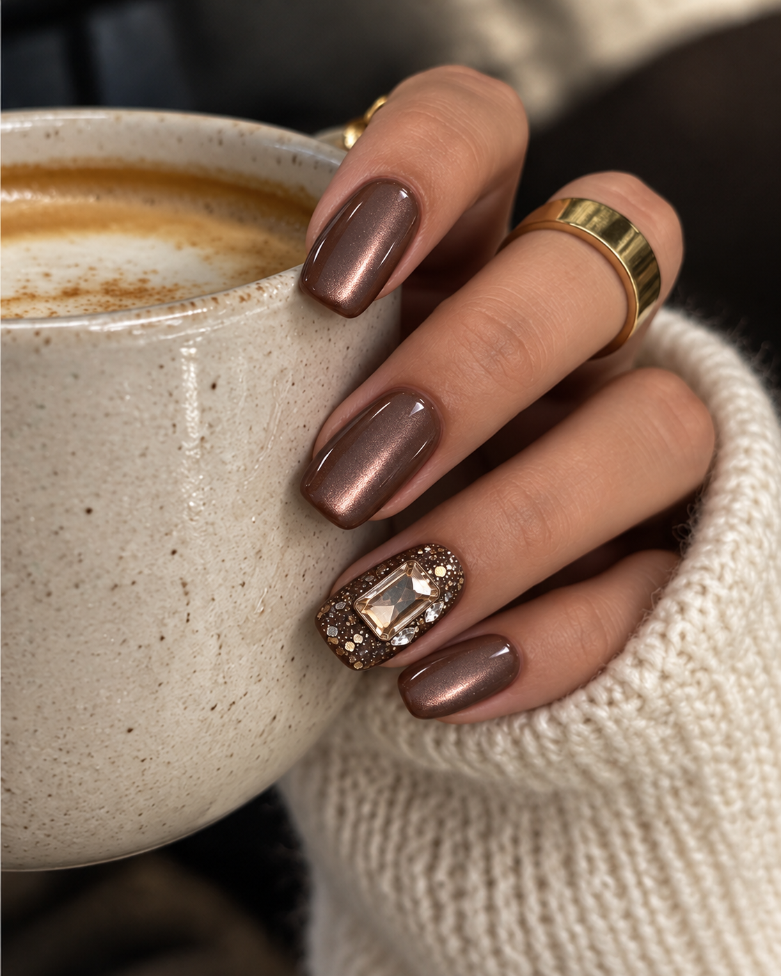 Chocolate shimmer press-on nails styled with a cosy coffee