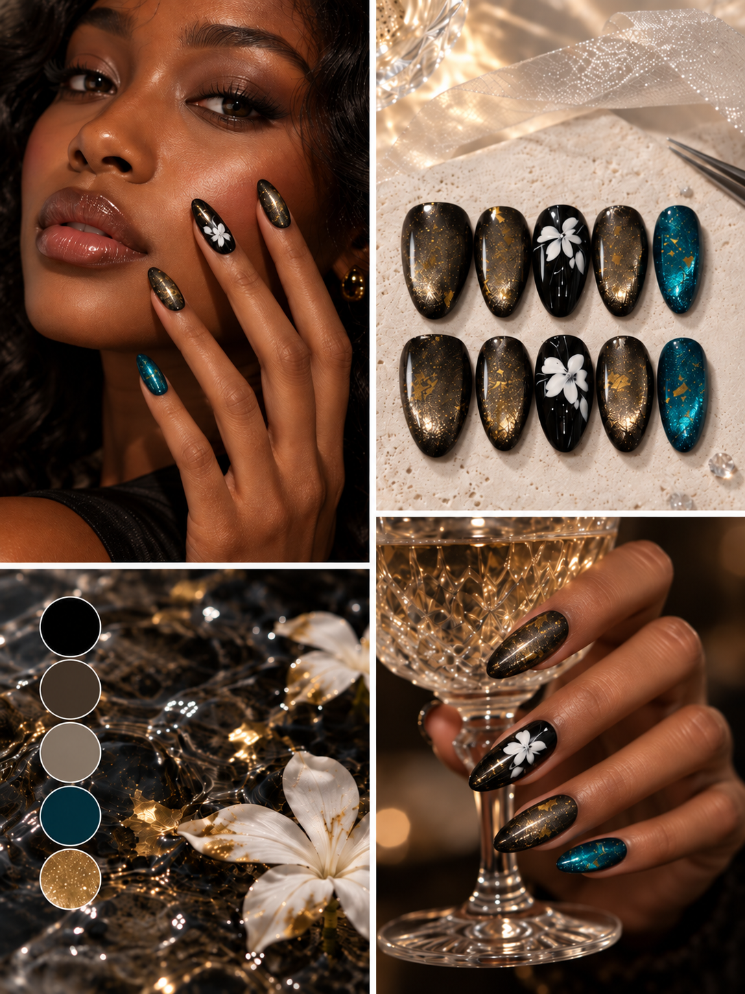 Midnight Blossom short almond press-on nails worn on hand