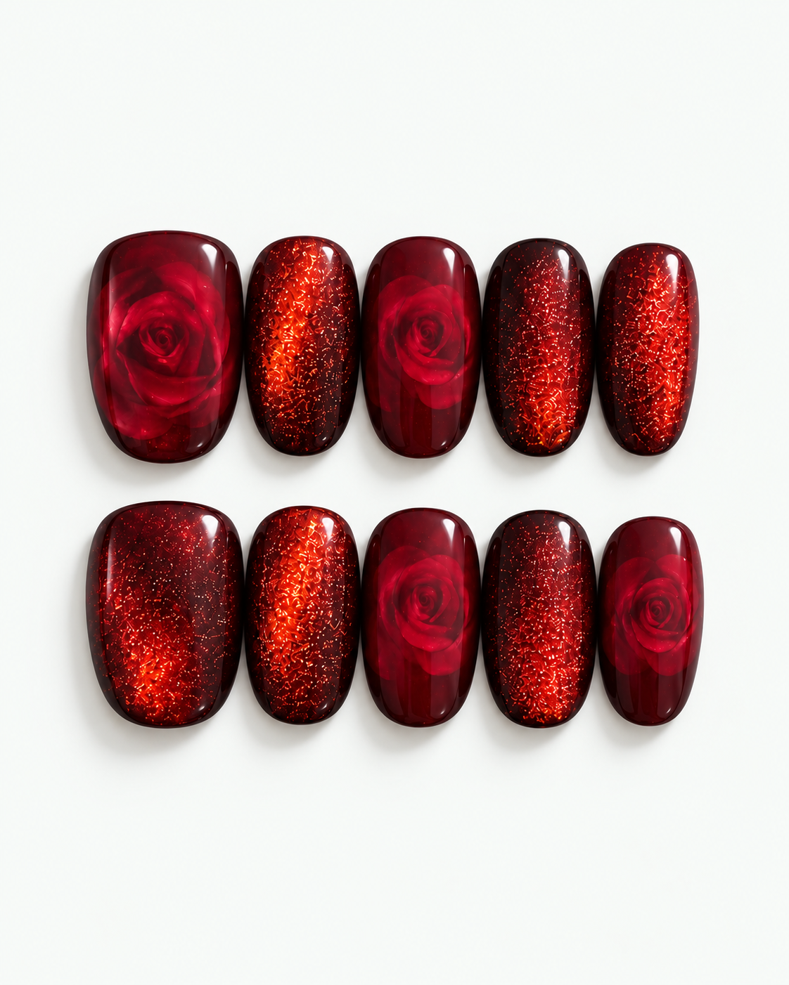 Handmade red rose short oval press-on nails with romantic floral design