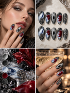 Crimson Relic medium almond statement press-on nails worn on hand