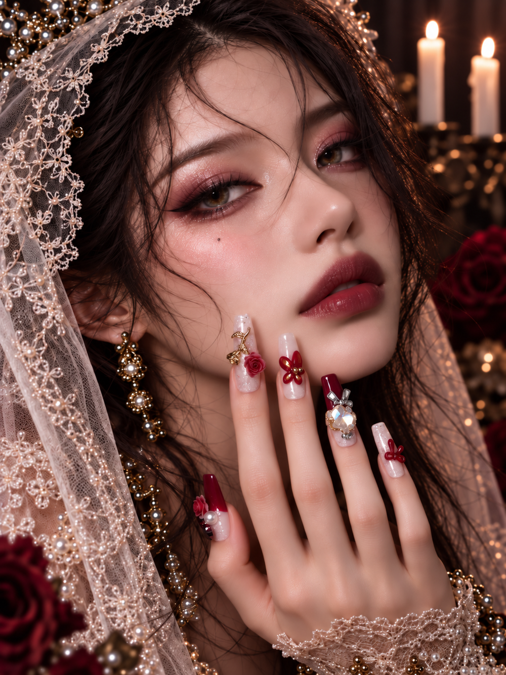 Gothic bridal portrait featuring statement crystal press-on nails