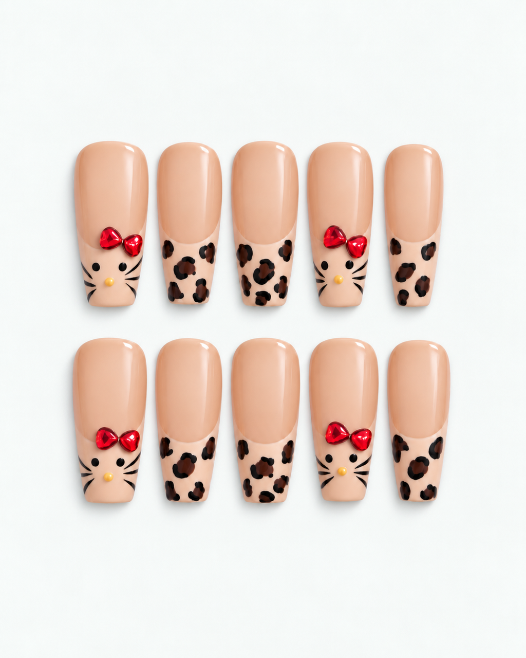 Leopard Kitty long coffin press-on nails with leopard print and ruby-red bow accents