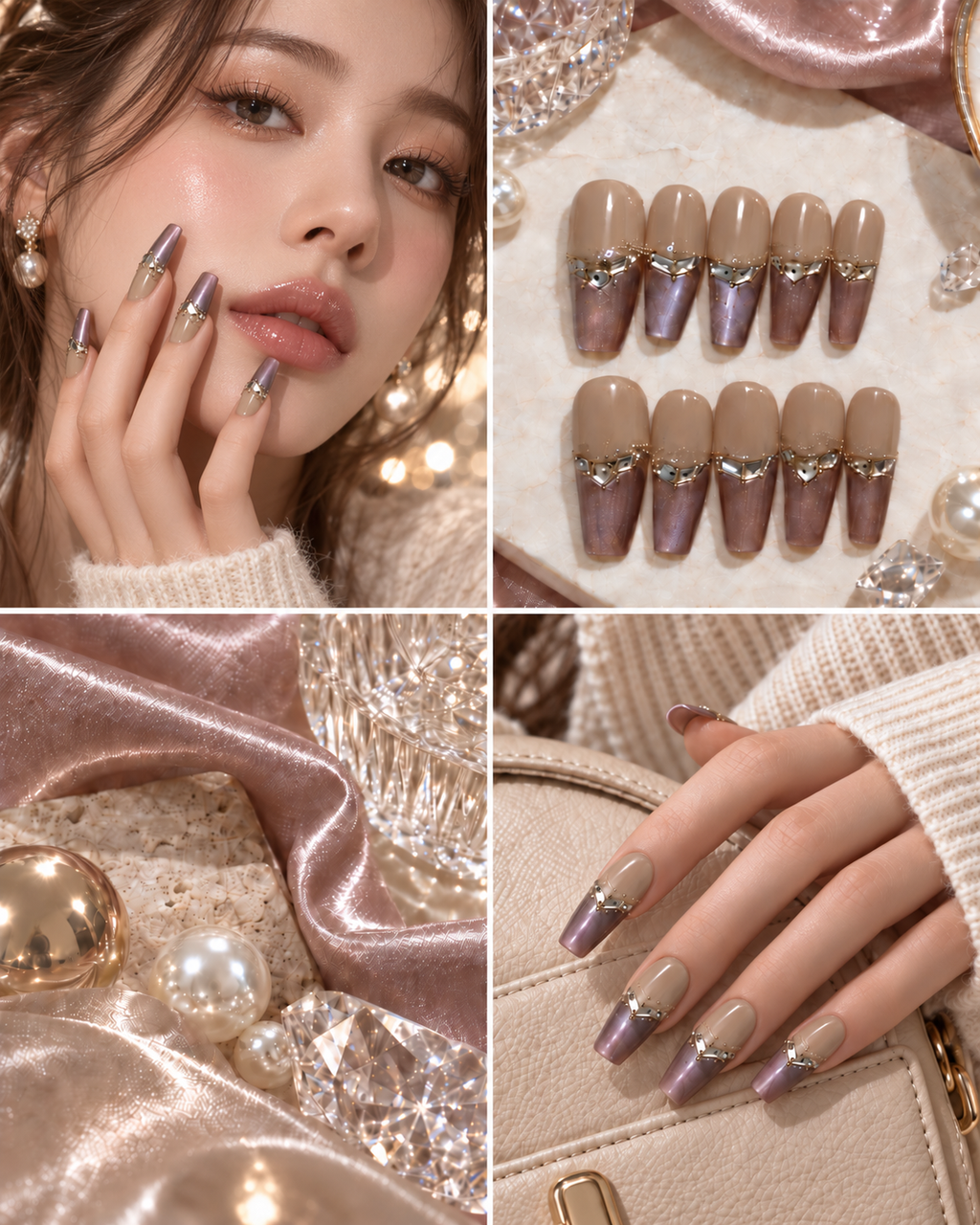 Lilac Veil long coffin crystal ombre press-on nails worn on hand