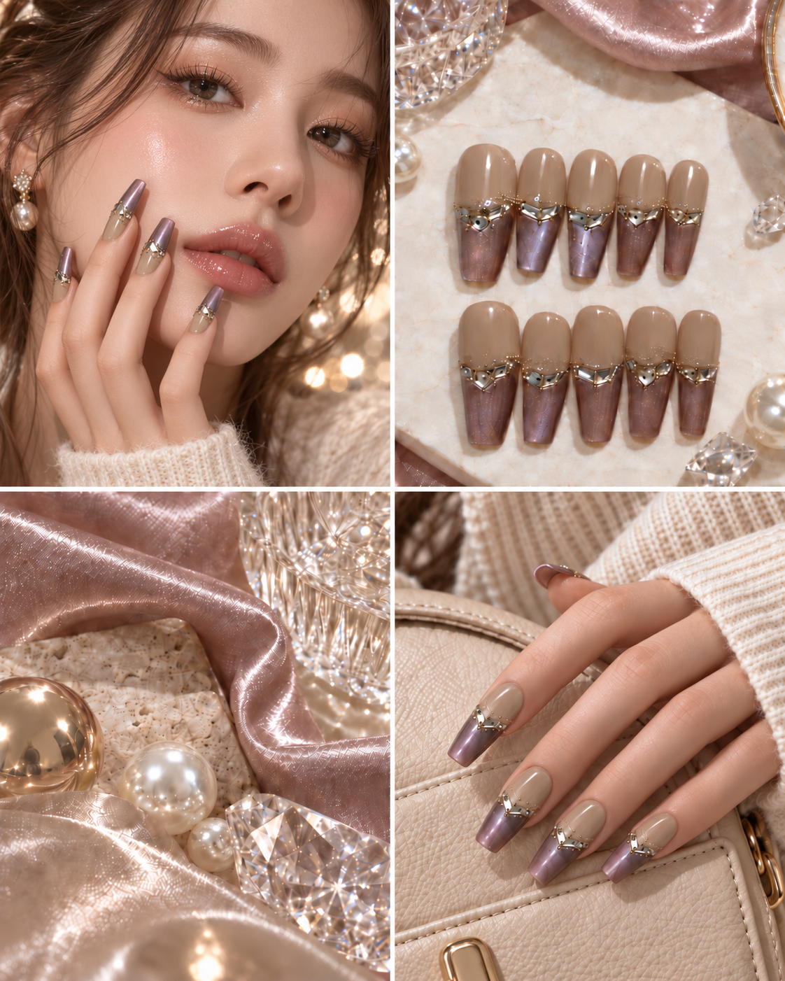 Lilac Veil long coffin crystal ombre press-on nails worn on hand