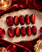 Flat lay of luxury rose gold manicure and press-on nails