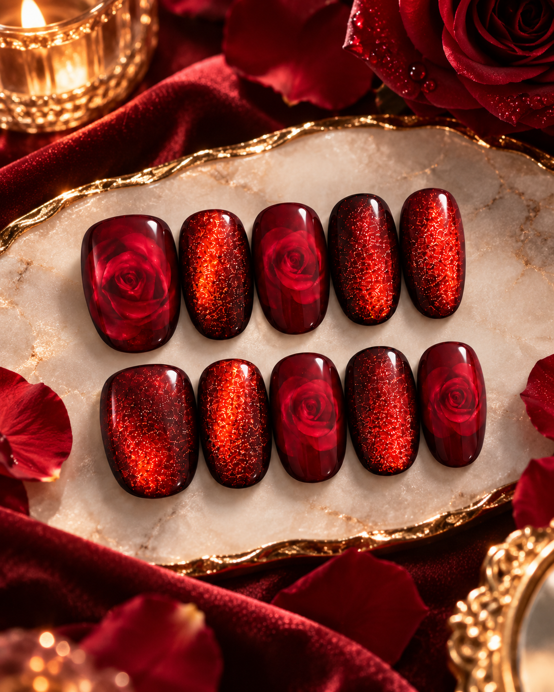 Flat lay of luxury rose gold manicure and press-on nails