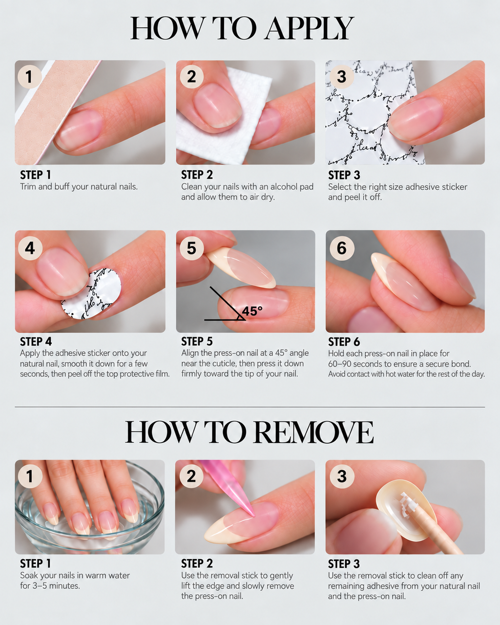 Mimo Beauty illustrated guide to applying and removing press-on nails
