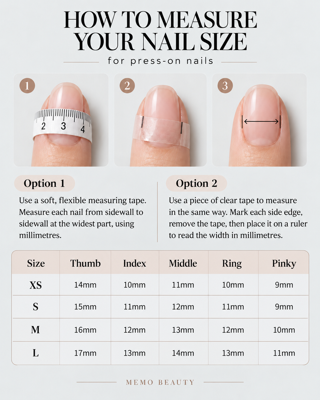 Mimo Beauty press-on nail size chart to help choose the right fit