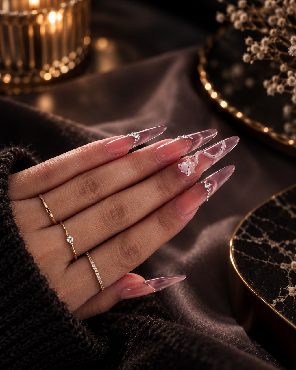 Blush Serpent | Pearl Crystal | Extra Long Stiletto - Press-On Nails