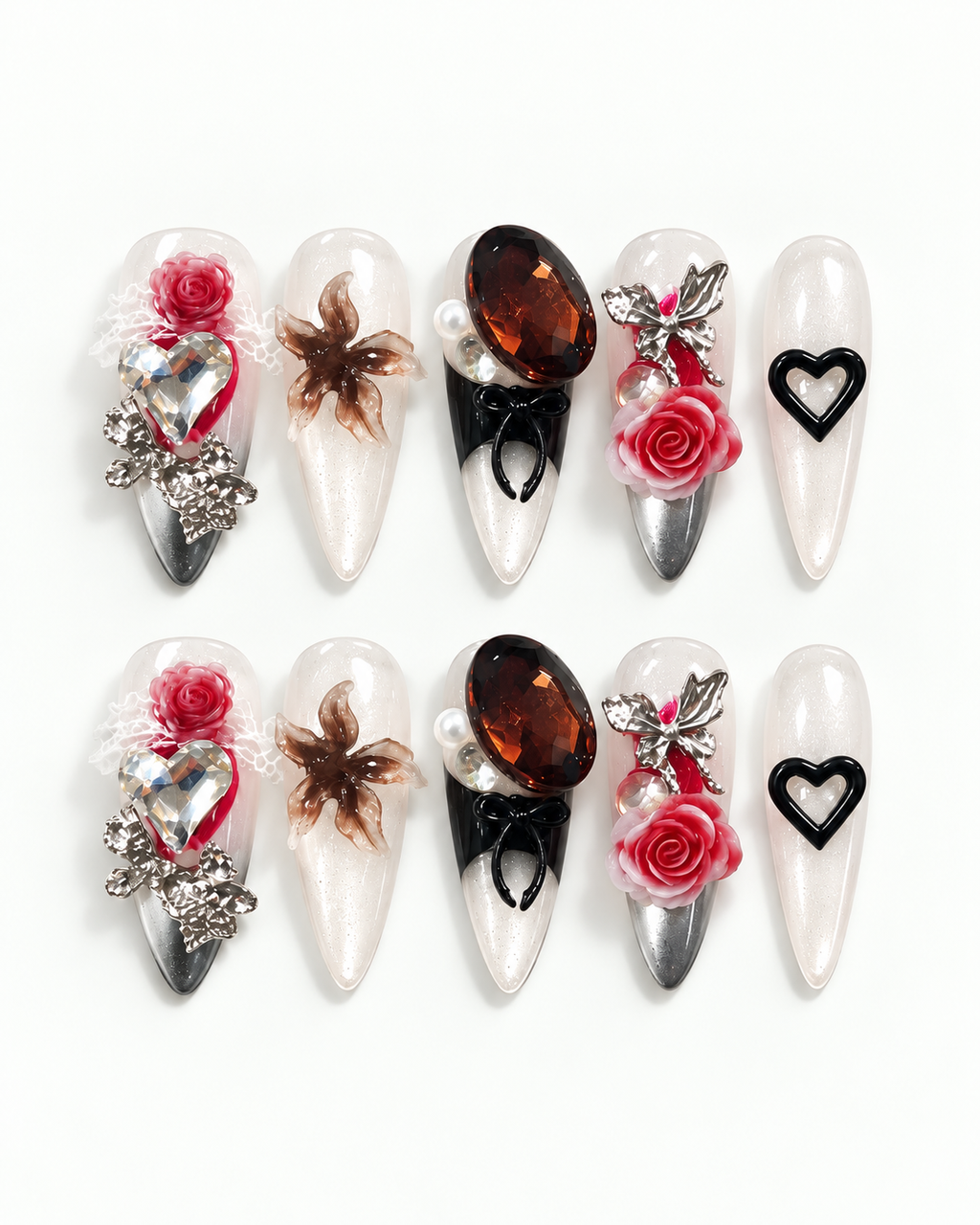 Handmade long almond press-on nails with sculpted red roses, oversized crystals, pearls, silver details and black heart accents