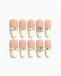 Handmade cream French long coffin press-on nails with delicate pearl accents
