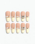 Handmade cream French long coffin press-on nails with delicate pearl accents