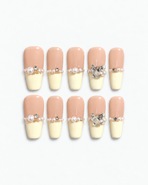 Handmade cream French long coffin press-on nails with delicate pearl accents