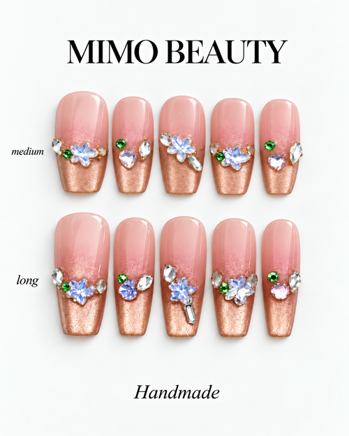 Champagne Bloom coffin press-on nails shown in medium and long lengths