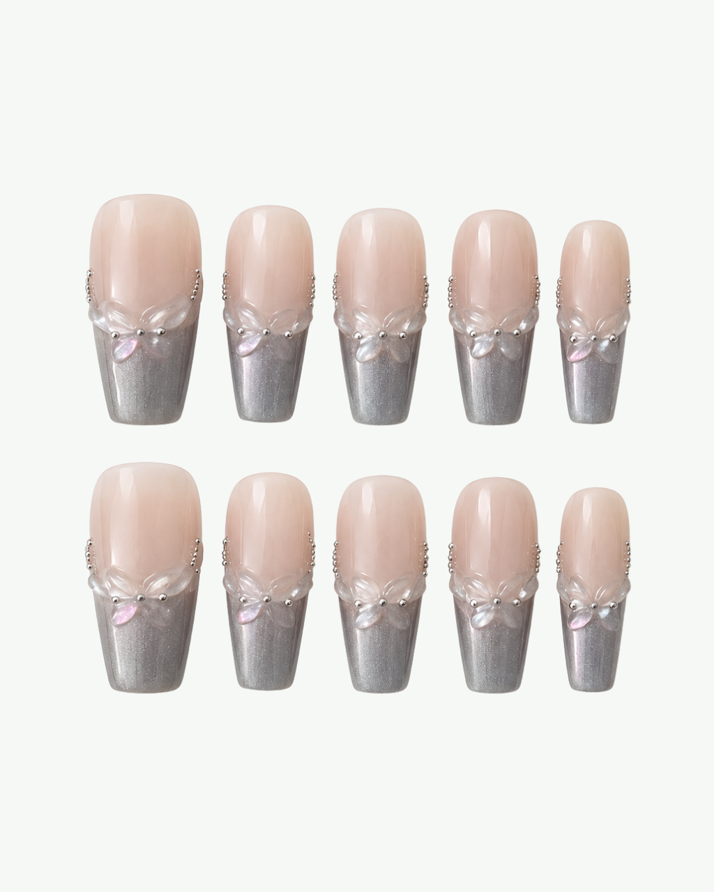 Handmade nude and smoky grey long coffin press-on nails with shimmer and floral detailing