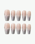 Handmade nude and smoky grey long coffin press-on nails with shimmer and floral detailing