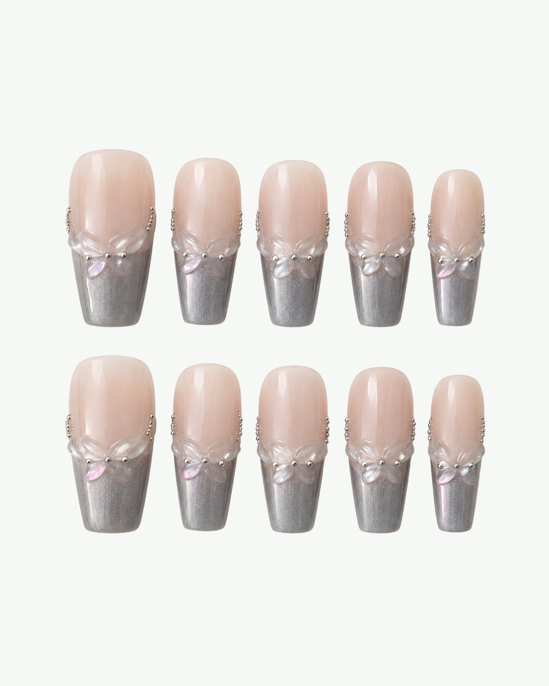 Handmade nude and smoky grey long coffin press-on nails with shimmer and floral detailing
