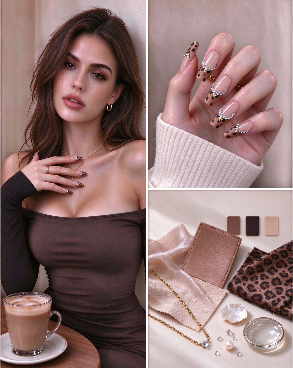 Blush Leopard crystal press-on nails worn on hand with nude pink leopard print and rhinestone details
