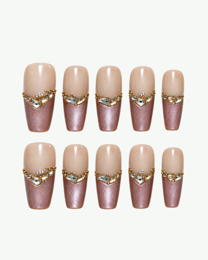 Handmade nude and lilac long coffin press-on nails with ombre finish and crystal detailing