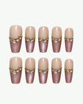 Handmade nude and lilac long coffin press-on nails with ombre finish and crystal detailing