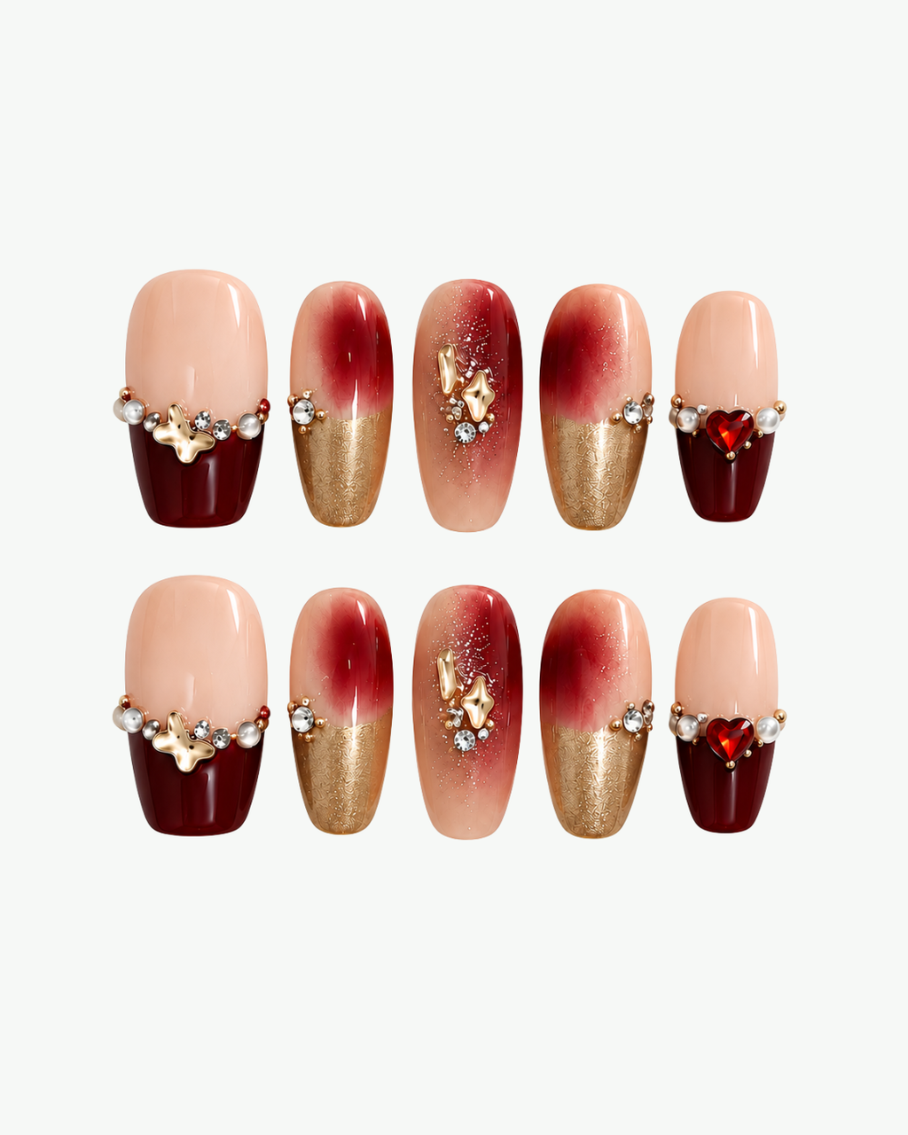Handmade burgundy nude and gold medium coffin press-on nails with red heart gem pearls crystals and metallic charms