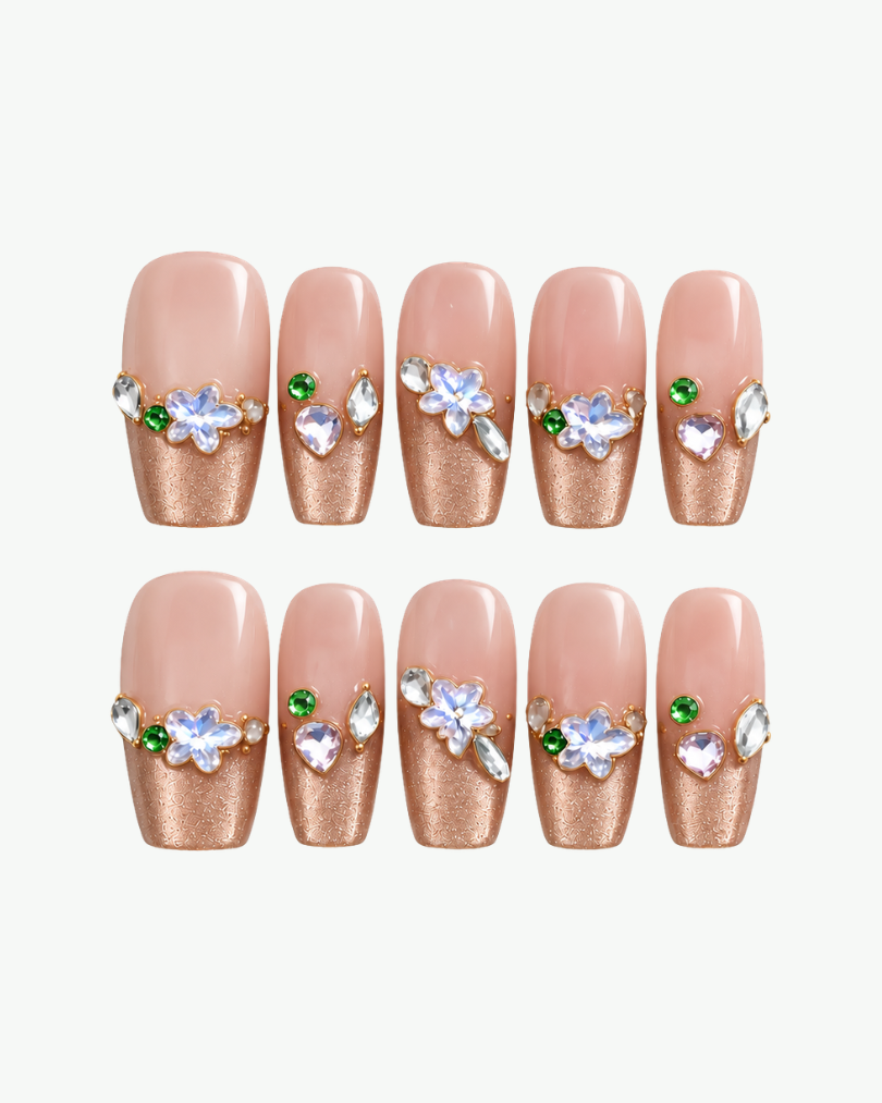Handmade nude pink and champagne gold coffin press-on nails with floral and crystal details