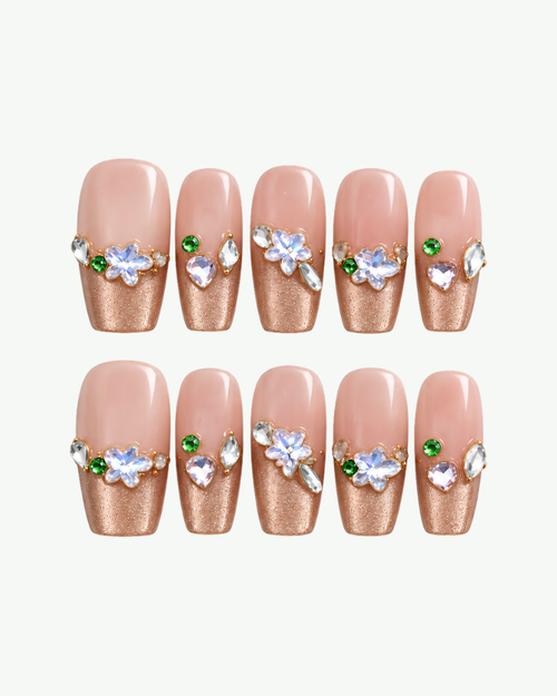Handmade nude pink and champagne gold coffin press-on nails with floral and crystal details