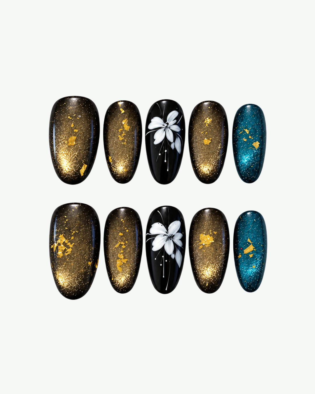 Handmade smoky brown and black almond press-on nails with white floral art, gold shimmer and teal metallic accents