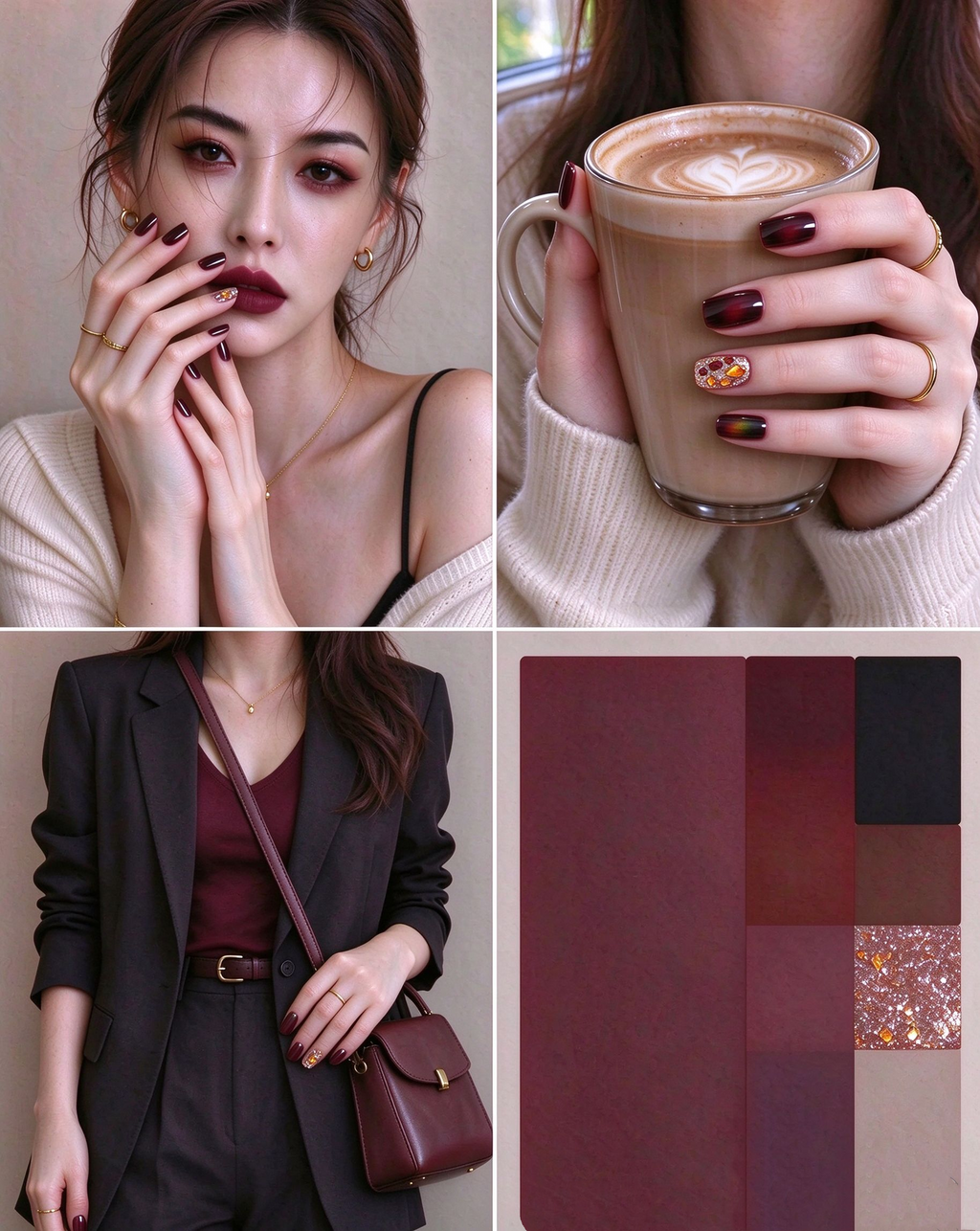 Burgundy Glow short squoval cat-eye press-on nails worn on hand