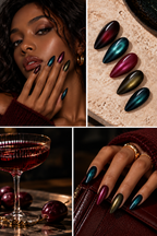 Prism Glow medium almond multicolour cat-eye press-on nails worn on hand