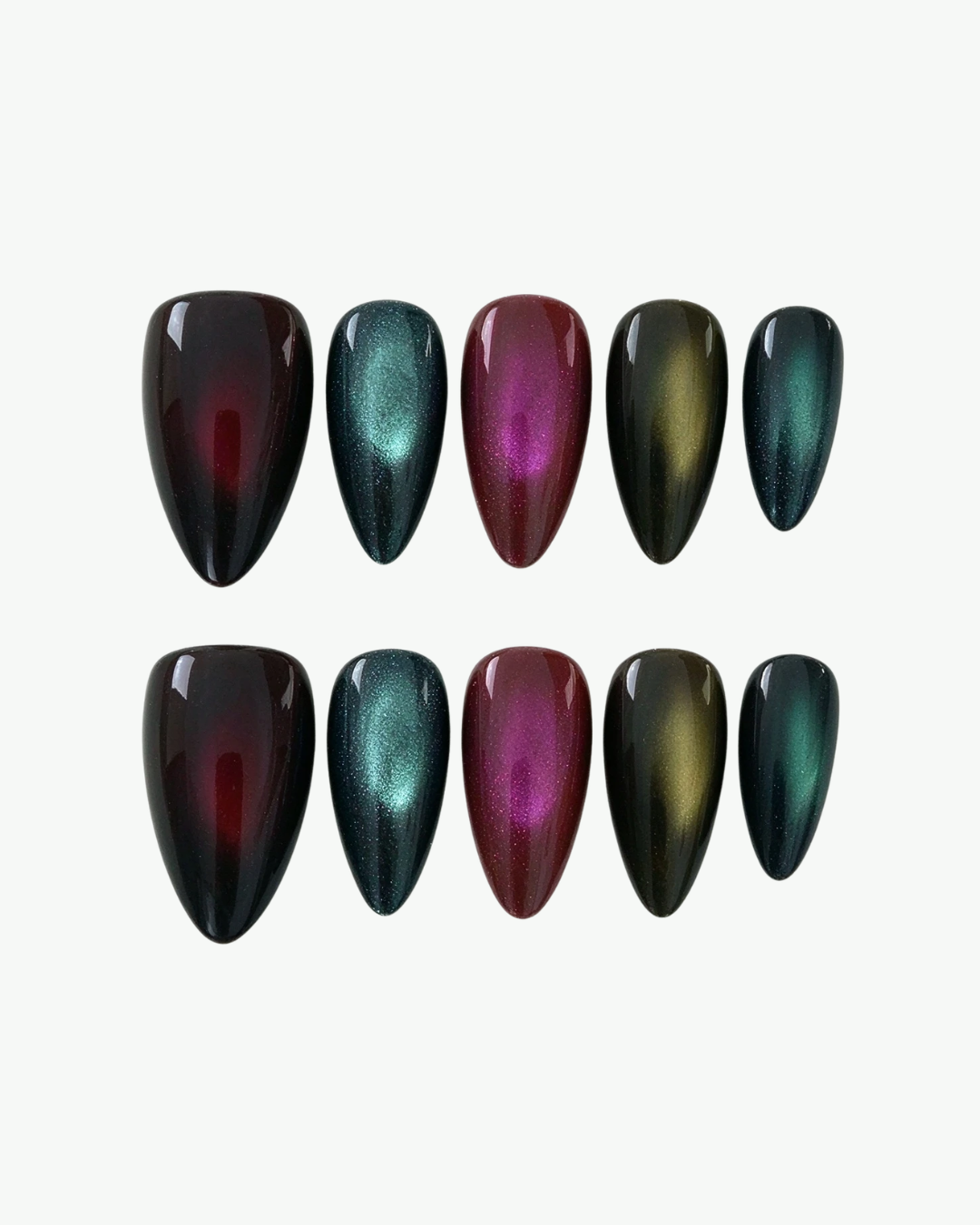 Handmade multicolour short almond press-on nails with red blue purple and green cat-eye shimmer