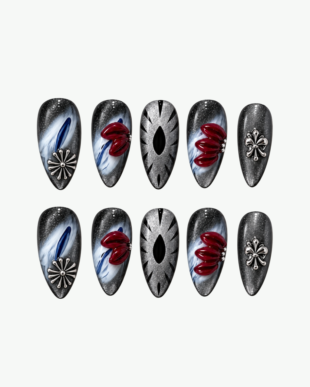 Handmade silver and red almond press-on nails with 3D floral, marbled and chrome-inspired detailing