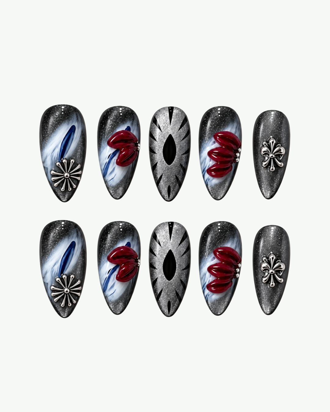 Handmade silver and red almond press-on nails with 3D floral, marbled and chrome-inspired detailing