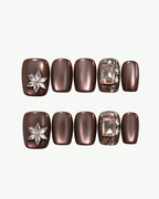 Handmade mocha brown extra-short squoval press-on nails with crystal accents
