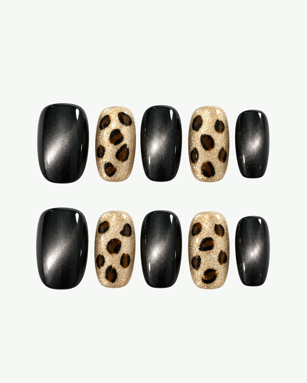 Handmade black and gold short round press-on nails with reflective cat-eye shimmer and glitter leopard print