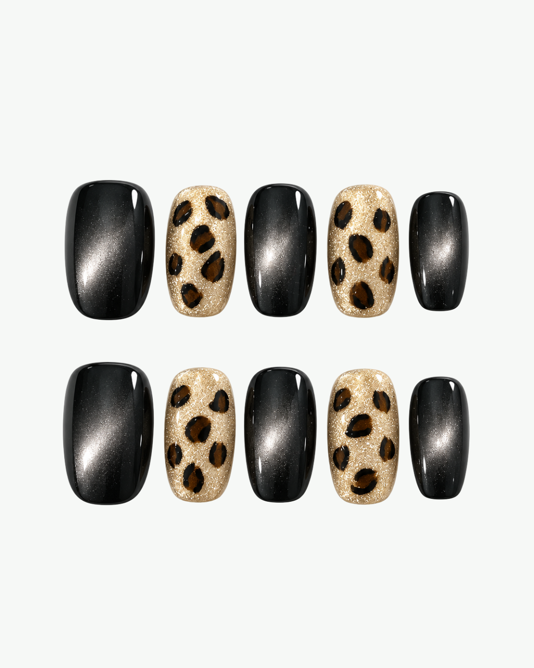 Handmade black and gold short round press-on nails with reflective cat-eye shimmer and glitter leopard print