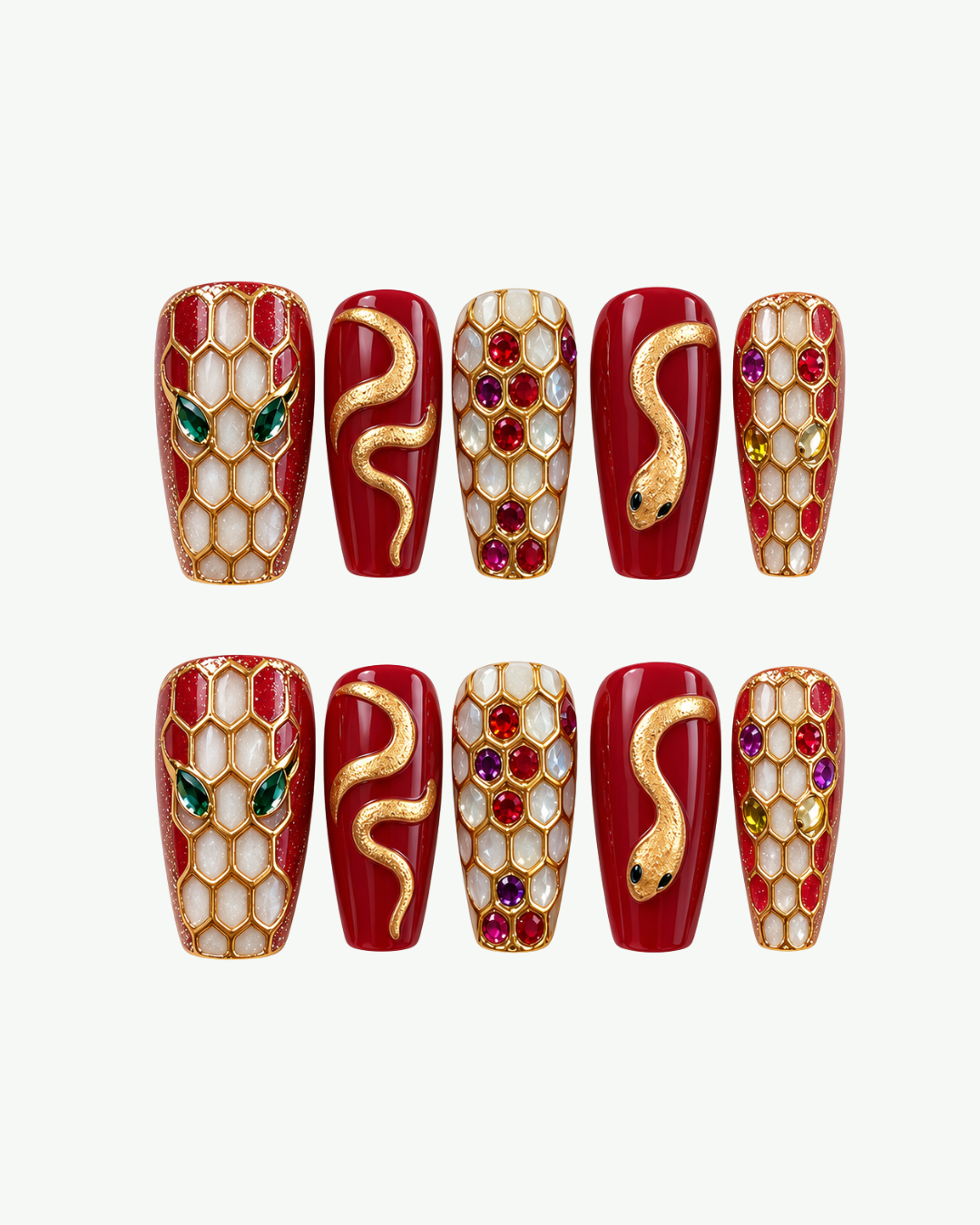 Handmade crimson red press-on nails with sculpted gold serpent details multicolour crystals and jewelled honeycomb accents