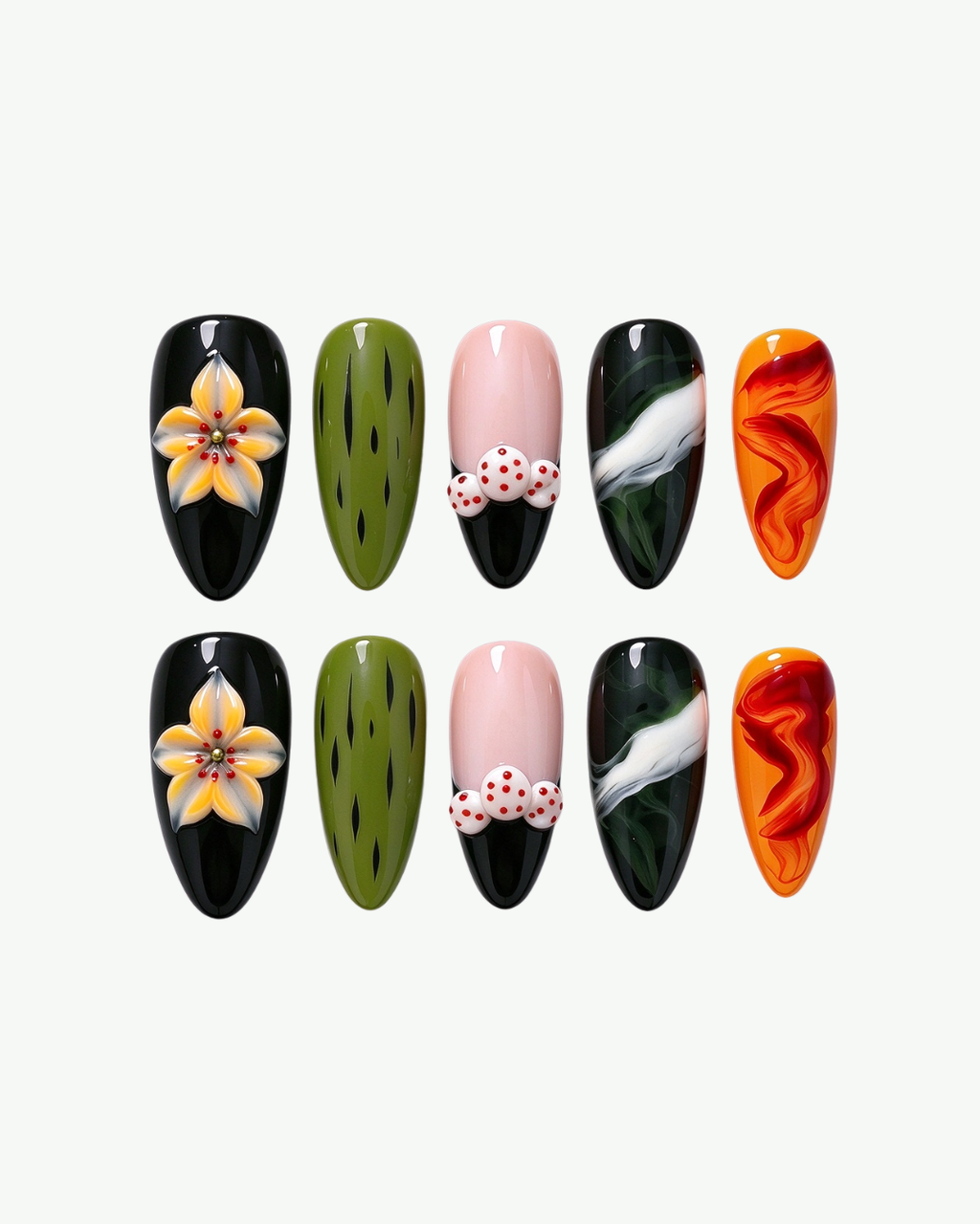 Handmade multicolour almond press-on nails with sculpted 3D floral and abstract artistic details