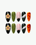 Handmade multicolour almond press-on nails with sculpted 3D floral and abstract artistic details
