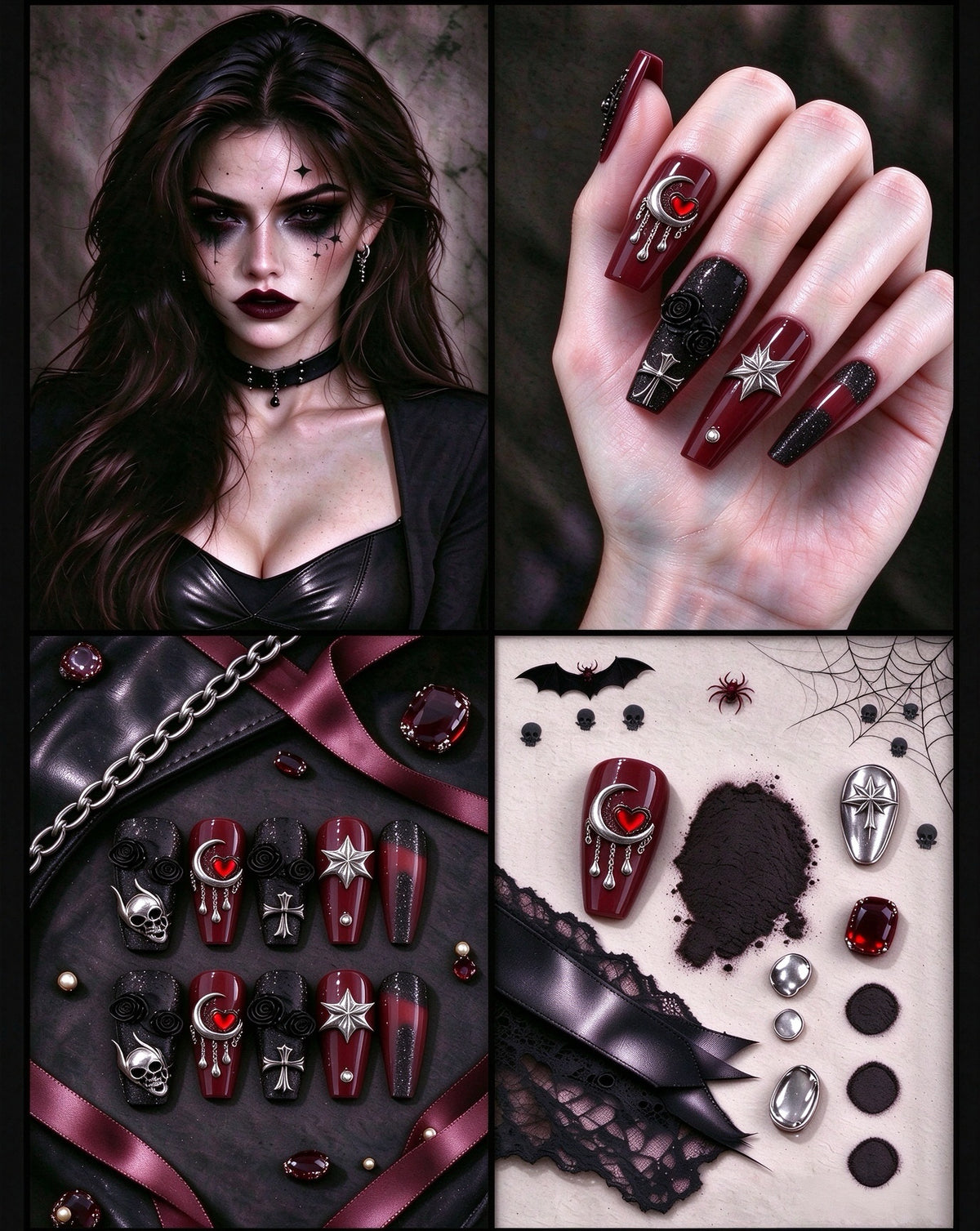 Crimson Nocturne gothic press-on nails worn on hand for dark Halloween and evening styling