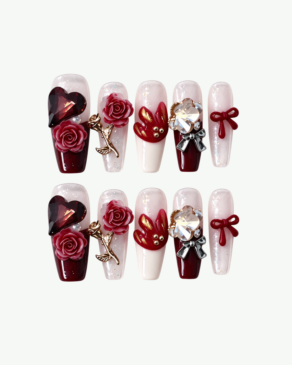 Handmade deep red long coffin press-on nails with 3D roses heart gem bow and crystal embellishments