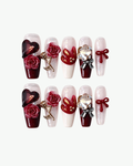 Handmade deep red long coffin press-on nails with 3D roses heart gem bow and crystal embellishments