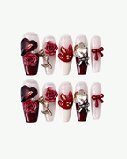 Handmade deep red long coffin press-on nails with 3D roses heart gem bow and crystal embellishments