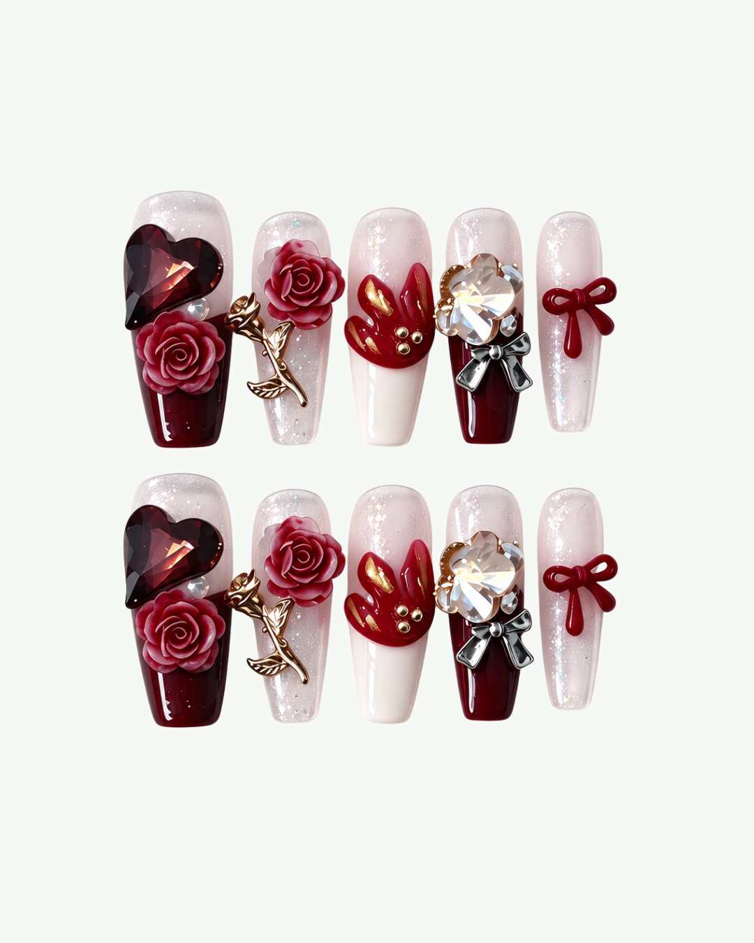 Handmade deep red long coffin press-on nails with 3D roses heart gem bow and crystal embellishments