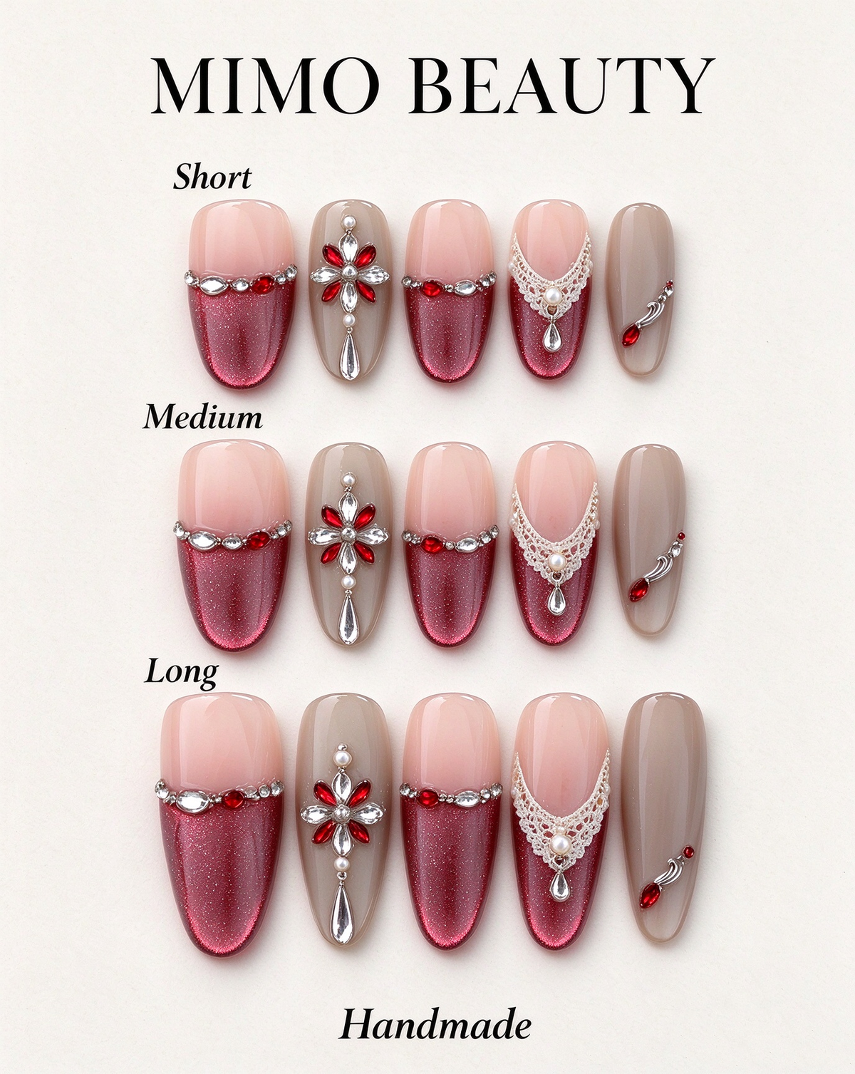 Handmade nude and red oval press-on nails with crystal and lace-inspired details shown in short, medium and long lengths