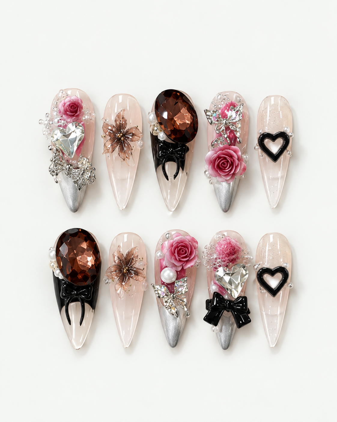 Handmade long almond press-on nails with sculpted red roses, oversized crystals, pearls, silver details and black heart accents