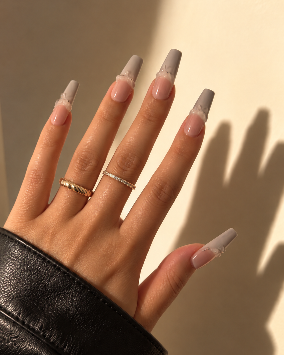 Mimo Beauty press-on nails shown worn on a hand
